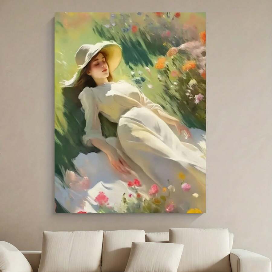 Enmarcado Lienzo impreso enmarcado 2D plano (1 unidad): serena escena pastoral con mujer vestida de blanco, diseño 2D/plano, vibrante fondo floral, marco de PVC duradero, ideal para el hogar, la oficina, el bar, la decoración del aula, regalo perfecto para las fiestas, el Día de la Madre, la graduación, decoración de bares | Diseño pastoral | Marco de poliestireno, en lienzo - Enmarcado - Ver 1