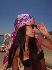 1PC Women's Casual Floral Print Scarf/Bandana, Bohemian Vacation Style, Silk Hair Accessory Wrap, Suitable For Summer Pool Parties, Beach Music Festivals, Street Style - Hot Pink - View 2