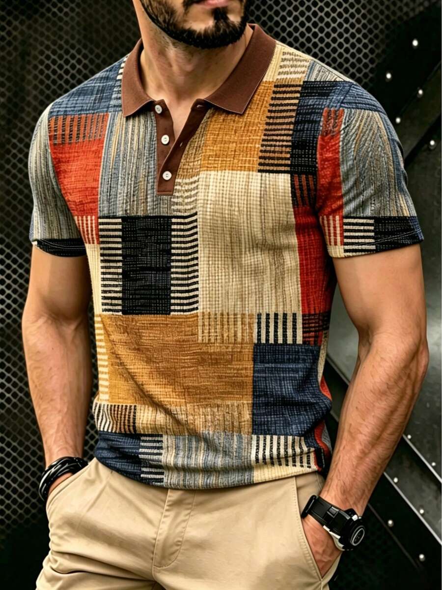 男款華夫格針織數位3D印花拼色戶外運動休閒POLO衫T恤 - 紅色 - 查看 1