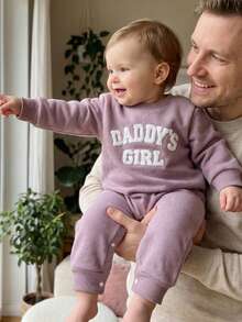 Baby Girls Jumpsuit, Long Sleeve Crew Neck Embroidery Letters Casual Romper Clothes - Purple - View 3
