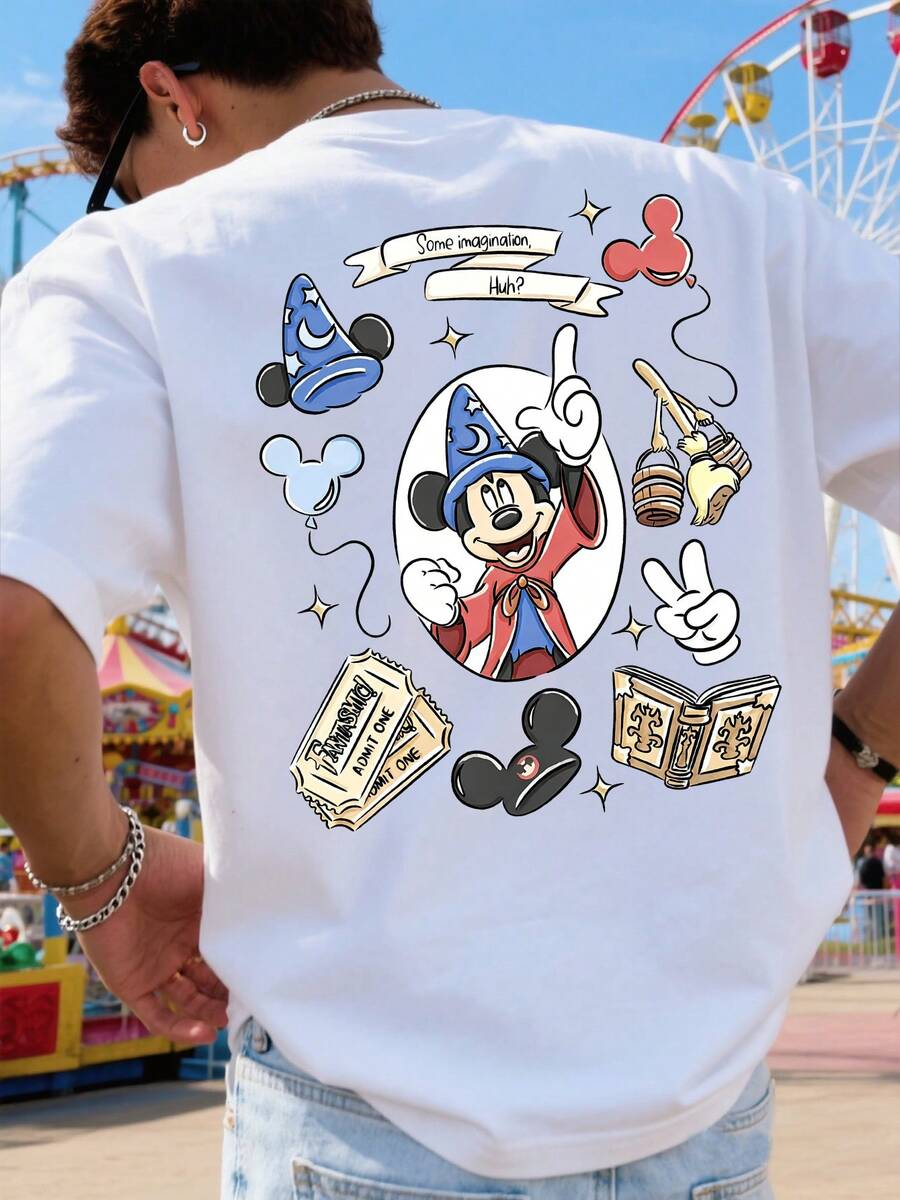 Camiseta Fantasia con un mágico motivo de Mickey Mouse, estampado de dibujos animados de Disney, camiseta de manga corta de algodón puro, camiseta informal de verano para hombre, ropa urbana de moda, ropa deportiva para exteriores, ropa informal, camiseta escolar, conjunto de vacaciones, ropa de verano - Blanco - Ver 1