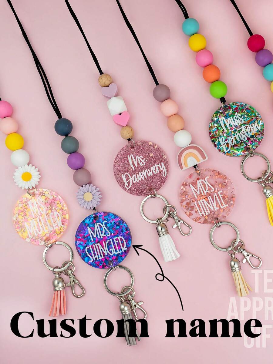 Rainbow Glitter Lanyard - Personalized Lanyard For Keys Or ID Badge - Beaded Lanyard - Teacher Lanyard With Name - Sparkly Teacher Lanyard - Multicolor - View 1