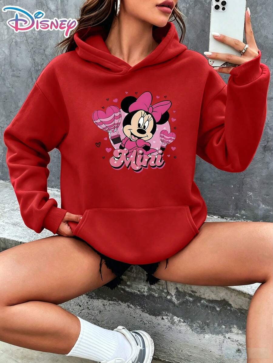 Disney Minnie Mouse Heart Hot Air Balloon Cute Letter Sweet Girly Cartoon Graphic Pullover Hoodie Women's Casual Daily Wear Long Sleeve Soft Comfortable Romantic Valentine's Day Themed Loungewear Top It Is A Gift For Fans And Friends, And It Is Also A Perfect Gift Choice For Lovers And Relatives. - Red - View 1