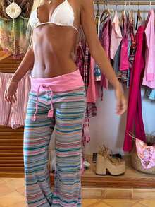 Pantalones retro multicolor rayas plegables de la cintura Flare pantalones de cintura de bajo nivel con cordón de tirar pantalones de corte de botas de ajuste suelto estilo hippie Y2K con patrón de rayas pastel, tela elástica y silueta casual inspirada en los años 70 para el uso cotidiano, festivales de música y estilo de la ropa callejera Boho - Rosa - Ver 7