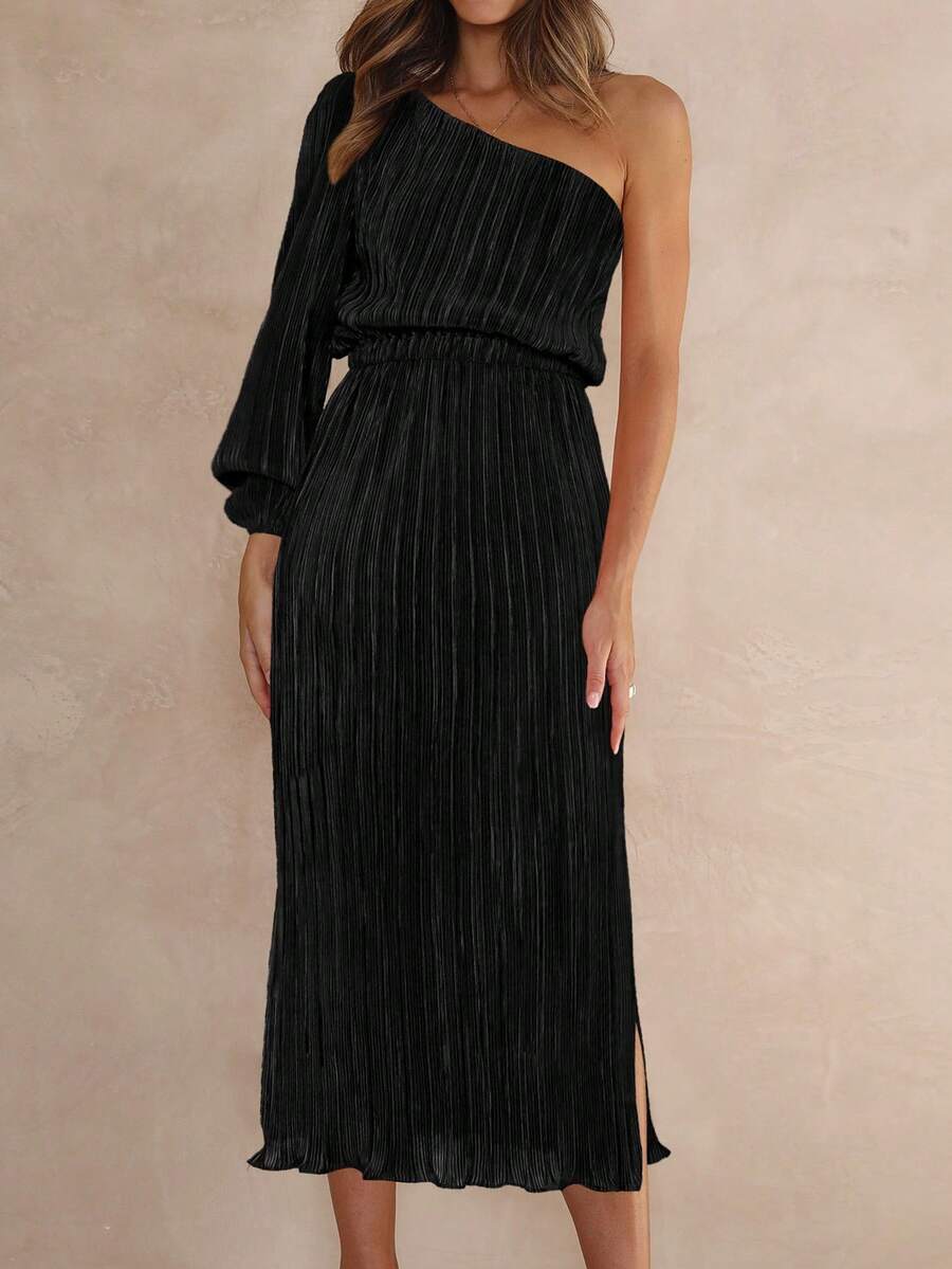 European And American Women's One-Shoulder Long Sleeve Pleated Formal ...
