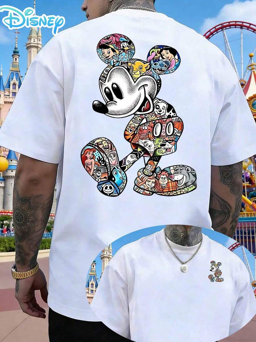 Officially Licensed Disney Product, Mickey Mouse Design, Men's T-Shirt, Short-Sleeved Shirt With Fun Cartoon Design, Casual Everyday Top, Streetwear, Summer Short-Sleeved Shirt, Breathable And Loose Fit. - 白色 - 查看 1