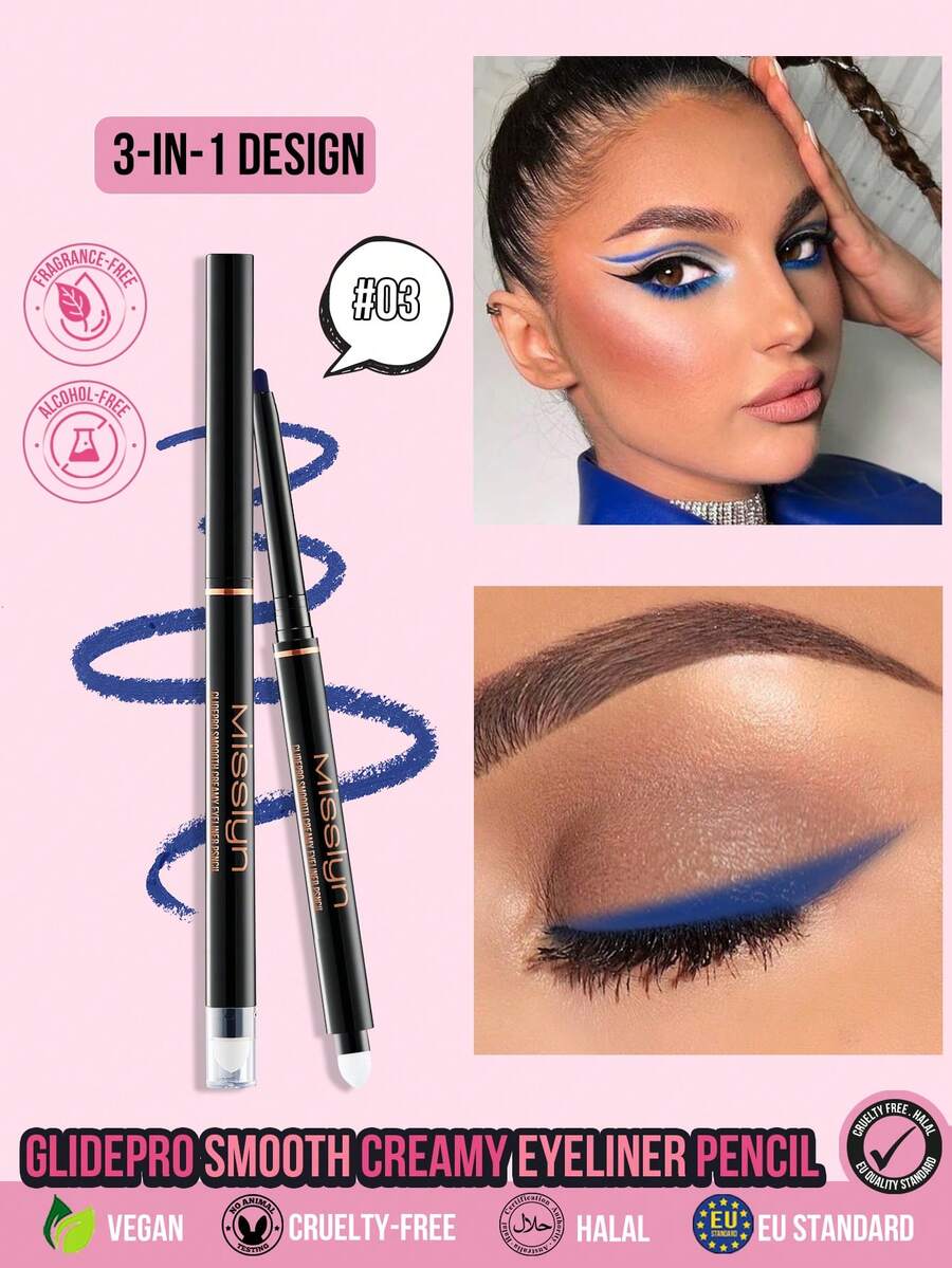 Misslyn 1pc GlidePro Smooth Creamy Texture Eyeliner Pencil, Waterproof Sweatproof Smudge-Proof, High Pigment, Multi-Color Multi-Functional, Built-In Sharpener, Suitable For Smoky Makeup, Beginner-Friendly, Party Birthday Valentine's Day Gift