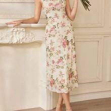 jianchaimaoyi02  Vestido ajustado con estampado floral vintage, tirantes ajustables, cintura entallada, longitud hasta la rodilla, fondo color albaricoque con flores rosas - Rosa - Ver 7