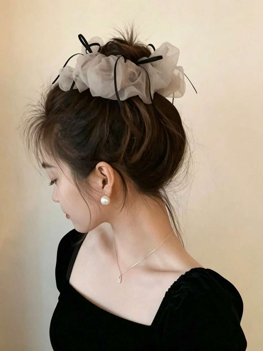 1入女用緞帶髮髻網，柔軟網紗髮網，夏季髮型配件，旅行必備，馬尾髮繩髮圈髮帶彈性橡皮筋