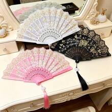 1件優雅蕾絲摺疊手扇附流蘇，復古中式花卉印花，便攜式，適用於漢服/旗袍、婚禮派對、EDM音樂節及夏季消暑 - 蝴蝶玫瑰燙金扇 - 查看 3