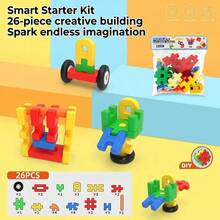 26-40pcs Building Blocks Educational Toy Set With Connectors And Wheels, Creative Back To School Party Gift For Kids, Random Colors And Shapes - Educational Interlocking Building Blocks (40 Pieces) - View 2