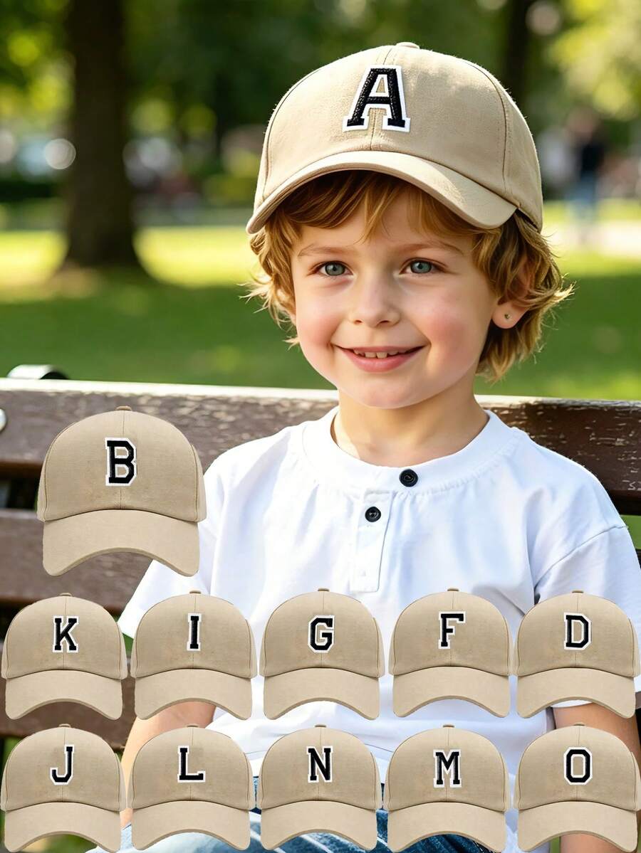 1 Piece Kids Khaki Baseball Cap With Nude Chenille Letter E Patch, Sun Protection Adjustable Hat For Spring & Summer, Ideal For Hiking, Camping, Outdoor Sports, Streetwear & Family Trips, Fits Ages 8-16Y - Khaki - View 1
