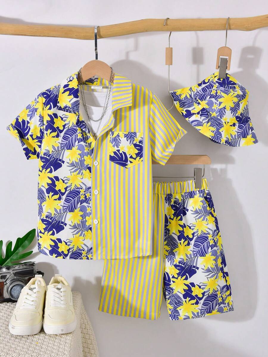 Vihyde Tween Boys Happy Vacation Style Hawaiian Print Patchwork Short Sleeve Shirt & Shorts & Bucket Hat 3 Pieces Set (T-Shirt Not Included) - Yellow - View 1