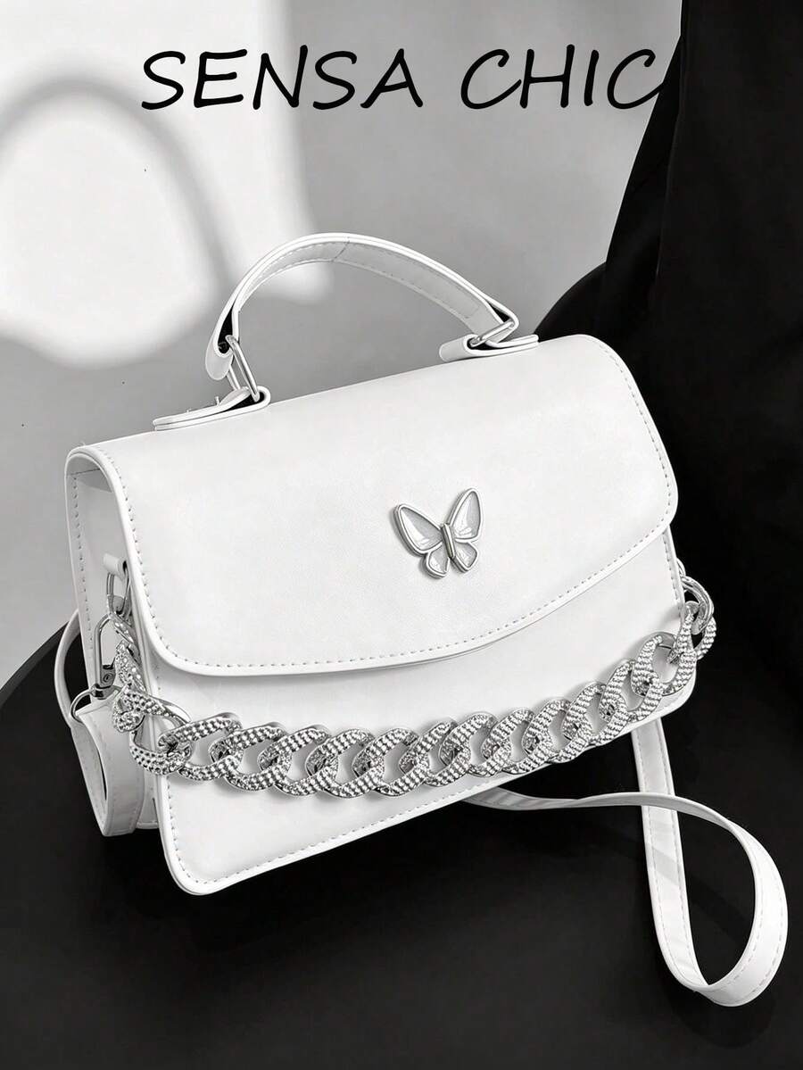 Minimalist Solid Color Handbag With Bowknot Design And Thick Chain Strap Valentines - White - View 1