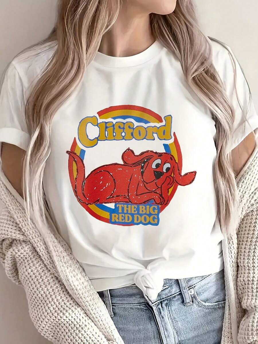 Women's T-Shirts 100% Cotton 2026 Clifford The Big Red Dog Graphic T-Shirt - Casual Short Sleeve Crew Neck T-Shirt, Soft And Comfortable Fit, Grey With - 白色 - 查看 1