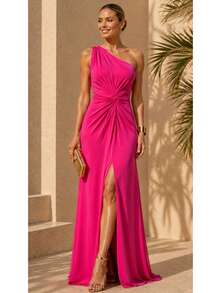 Bridesmaid Dress Guests Promotion Knot Olive Green Fuchsia Black Lilac Terracotta Emerald Royal Red Marsala Navy Without Shine - 玫紅色 - 查看 1
