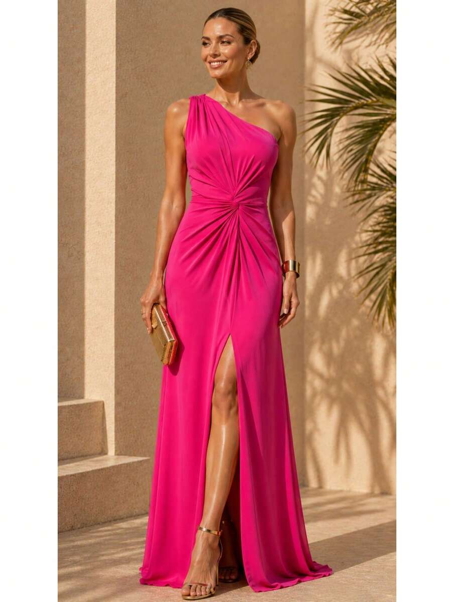Bridesmaid Dress Guests Promotion Knot Olive Green Fuchsia Black Lilac Terracotta Emerald Royal Red Marsala Navy Without Shine - 玫紅色 - 查看 1