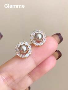 1 par de pendientes de botón de perla y circonita color oro champán para mujer, pendientes de lujo para ir al trabajo, sencillos y versátiles, para uso diario y fiestas de noche - Café - Ver 6