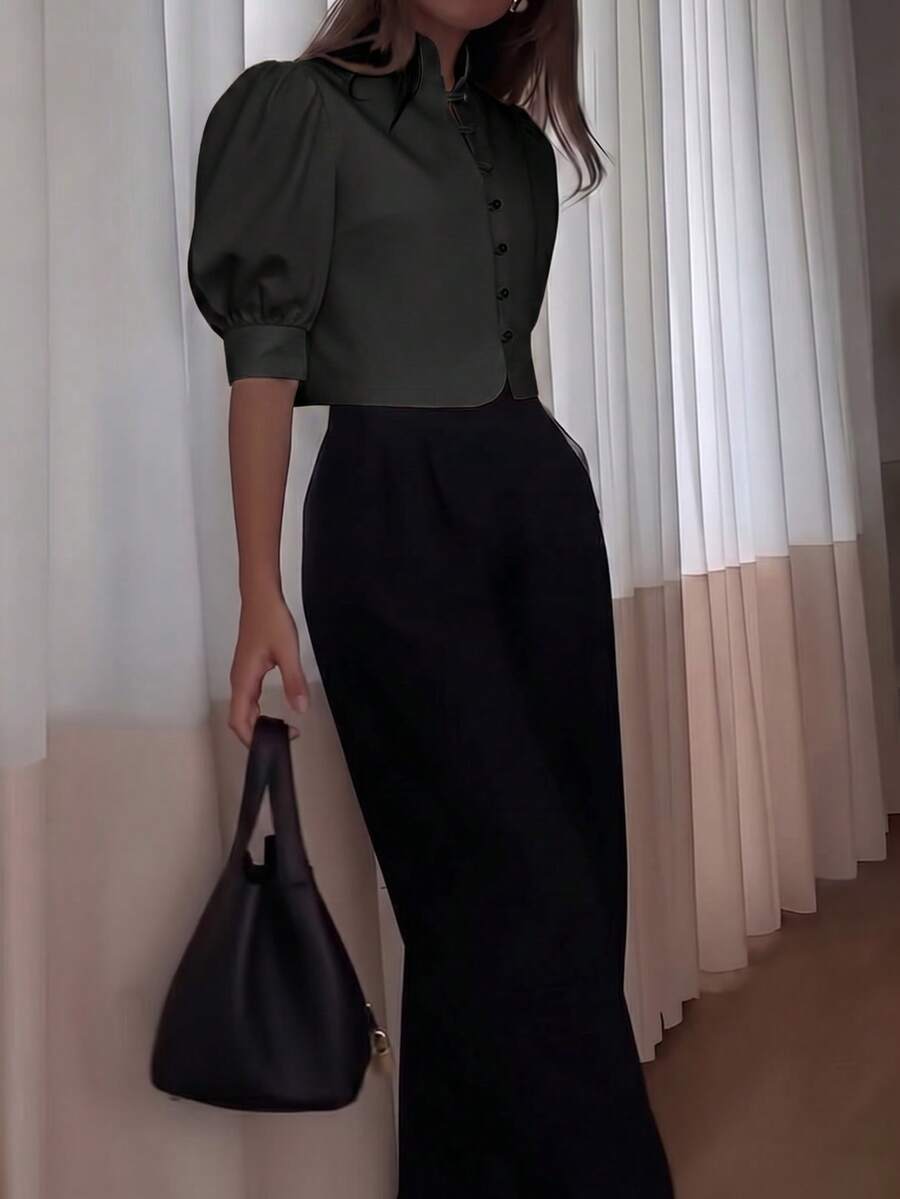 優雅立領泡泡袖鈕扣短版襯衫，休閒通勤款，春夏黑色
