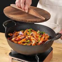 Cast Iron Dutch Oven With Natural Wood Lid, Pre-Seasoned Uncoated Dual Handle Stew Pot, Multi-Functional Cookware, Suitable For Induction And Gas Stoves - Black - View 6