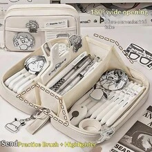 180° Flat-Lay Volcano Style Pencil Case, Transparent Fabric Large Capacity Stationery Storage Bag, Multi-Layer Zipper Compartments Desktop Organizer, Vertical Self-Standing Design, Can Store Pencils, Erasers, Notebooks, Tape, Rulers, Dual-Use For School And Office, Ideal Gift For Teens And Adults, Comes With A7 Notebook And 5 Writing Pens - 180-degree Flat Pencil Case - View 8