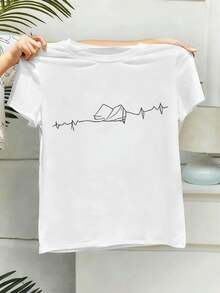 short sleevesCamiseta casual para mujer con estampado de latido de corazón, algodón premium, cuello redondo, corte holgado, cómoda, dise?o gráfico, nuevo lanzamiento.Leisure - Blanco - Ver 2