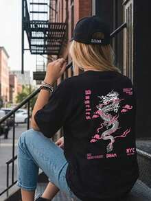 Vintage Women's T-Shirt, Summer 2026, Black, Round Neck, Short Sleeves, Japanese Style Dragon Print, Loose Casual Top, Summer Clothing. - Black - View 1