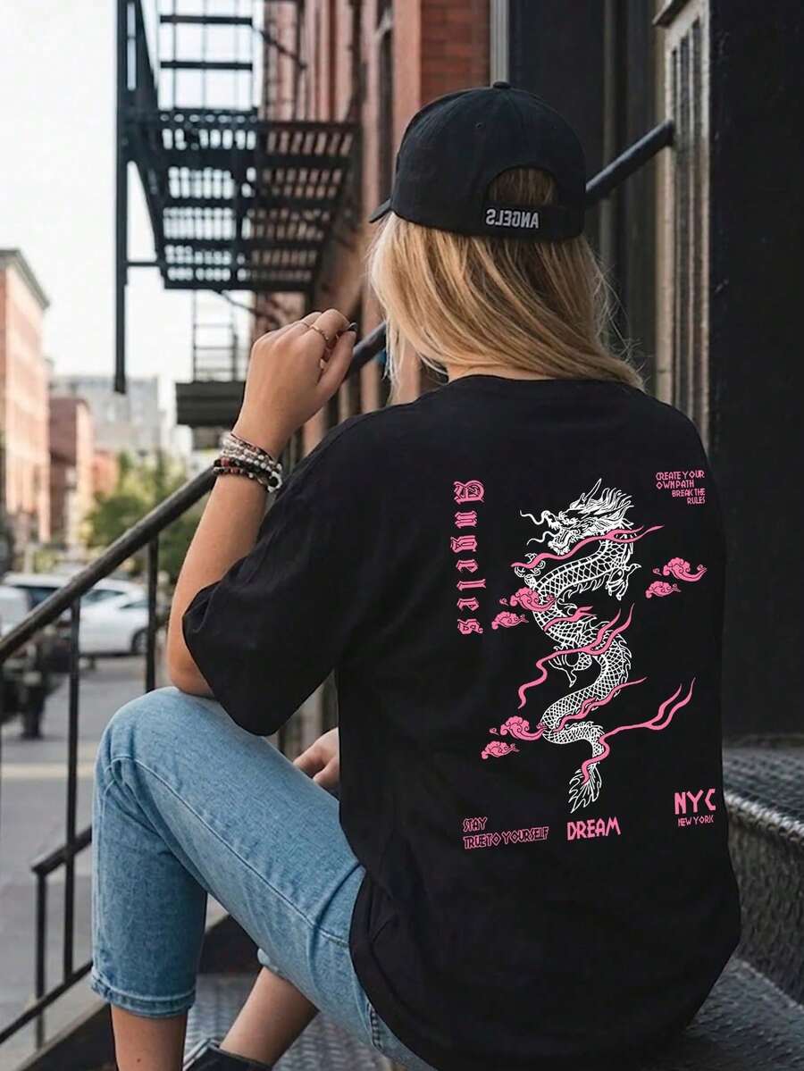Vintage Women's T-Shirt, Summer 2026, Black, Round Neck, Short Sleeves, Japanese Style Dragon Print, Loose Casual Top, Summer Clothing. - Black - View 1