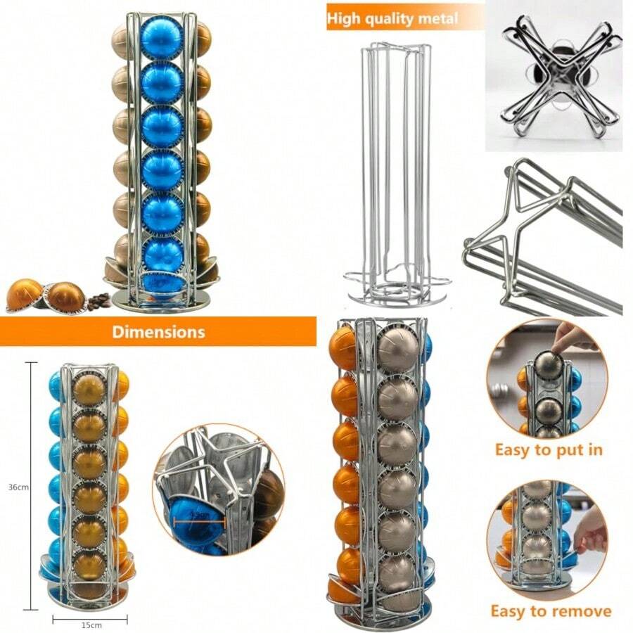 Holder Carousel Stand for Capsule Storage Organizer with Extra Space for Coffee Mate Silent Rolling - Plateado - Ver 1