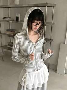 Striped Short Hooded Zip-Up Casual Jacket - Light Grey - View 3