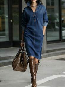 Women's Denim Midi Dress, Long Sleeve Half Placket Stand Collar Casual Streetwear Shirt Dress Blue Denim Casual Shirt Dress, Long Sleeve Stand Collar Half-Button With Side Pockets Medium Wash Denim Shirt Dress, Long Sleeve Half-Button Stand Collar Loose Fit Midi Dress - 寶藍色 - 查看 3