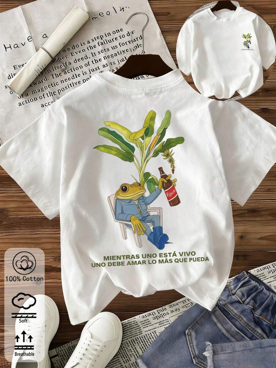 2026 Women's Solid Color Round Neck Short-Sleeved T-Shirt, Super Loose Fit, 100% Cotton, Soft And Comfortable, Everyday Casual, Streetwear, With A Cheerful Floral And Sun Pattern - 銀行 8 - 查看 1