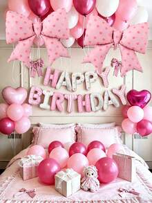 60入粉色主題生日氣球套組，16吋Happy Birthday字母氣球橫幅、大蝴蝶結鋁箔氣球、18吋粉色玫瑰心形氣球、粉白金屬紅乳膠氣球，適合生日派對佈置 - 樣式 2 - 查看 3