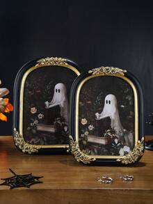 1PC Black Background Gold-Rimmed Rose Embossed Ghost Decorative Photo Frame, Resin Material Ghost Reading Book Rose Arch-Shaped Home Desktop Decor Photo Frame, Suitable For Bedroom, Study, Office Desk Photo Decoration And Photography Props - X Ghost Reading Rose Arched Photo Frame - View 4