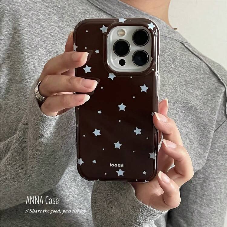 星星復古黑棕玳瑁色箔紋手機殼，適用於 iPhone 17 Pro Max/Apple 16/15 Pro New/14 Pro Max，可愛女孩手機殼，防震手機保護套，時尚手機殼 - 棕色 - 查看 2