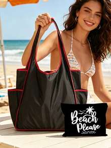 Foldable Beach Tote Bag & Pouch Set, "Beach Please" Print, Large Capacity Beach Shoulder Bag, Water Resistant Casual Handbag, Travel Cosmetic Bag, Casual Summer Vacation & Daily Use Storage Bag, Multifunctional Shopping Bag, Suitable For Shopping, Travel, Outdoor Activities, School, Daily, Unique Birthday Gifts, Holiday Gifts, Party Gifts, Vacation Gifts, Back-To-School Gifts, Anniversary Gifts - Multicolor - View 4