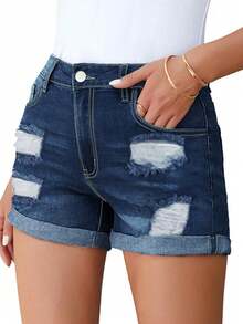 Casual Women's Distressed Denim Shorts Button Closure Straight Leg Non-Stretch Fabric - Blue - View 1