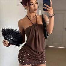 Soqi Women's Clothing Petite Vestido corto sin mangas con decoración de metal color café para mujer - Cafetería - Ver 2