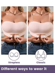 Women Invisible Strapless Push Up Bra Front Closure Convertible Bandeau W/ Clear Straps - Pink - View 4