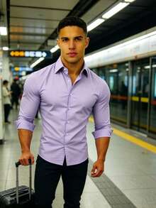 KIT2,KIT3  Camisa Masculina Manga Longa Slim Musculosa Fina Elástica Botão Social Casual para Trabalho e Negócios - Roxo + Preto - Visão 6