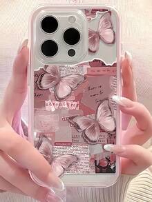 1pc Pink Frame Transparent Minimalist Lens Protection Anti-Drop Anti-Collision Romantic Pink Paper Butterfly Pattern Phone Case Personalized Compatible With IPhone 16 Pro Max/17/16/15/14 Plus/13/12/11/Air And Series - Multicolor - View 3