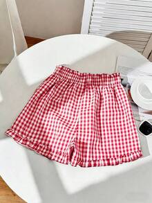 1pc Teen Girls Black And White Plaid Shorts, Casual Cute, Random Cut Design, Suitable For Beach Vacation, Birthday Party, Back To School Season - Red - View 2