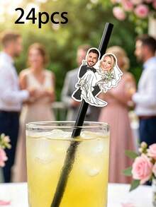 1/12/24/48pcs Personalized Wedding Party Straws - Custom Silhouette Photo, Comes With Straws And Fasteners For You To Install - Add Fun To Personalized Party Drink Decorations - Multicolor - View 16