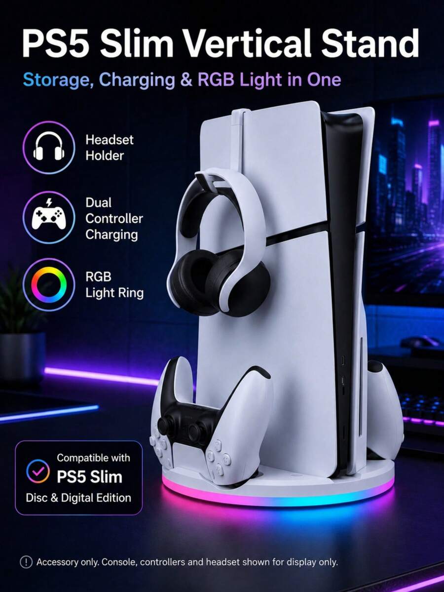 1件装，兼容PlayStation 5/Slim的必备配件，适用于PlayStation 5/Slim主机支架，夏秋两季礼物，带LED灯，夏季游戏配件，PS 5手柄充电座，游戏配件，游戏机，游戏机配件，适合主机玩家