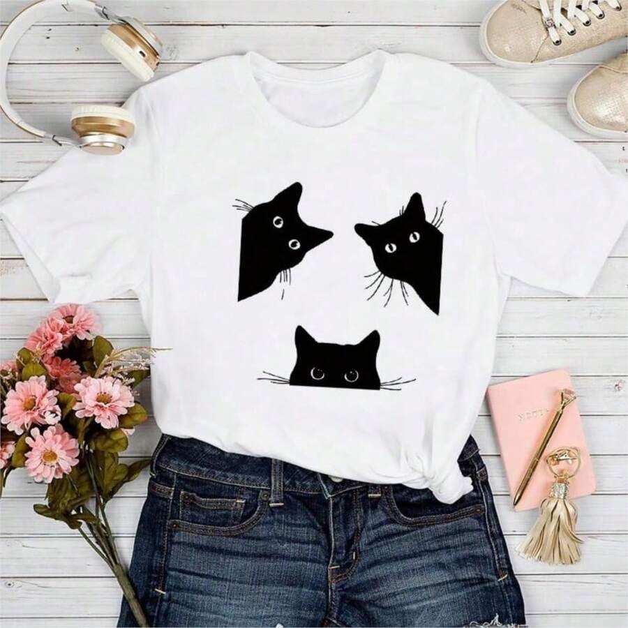 2026 Women's Quality Casual Cotton T-Shirt, Women's T-Shirts With Cartoon And Wine Print, Fun And Fashionable Clothes For Spring Summer, Elegant Women's T-Shirt, Printed T-Shirt For Girls, Unisex Basic T-Shirt - 白色 11 - 查看 1