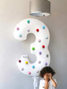 1組 32吋白色0-9數字鋁箔氣球 + 自黏彩色毛絨球，適用於生日派對、嬰兒洗禮、家庭聚會裝飾 - 白色 - 查看 4