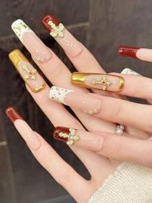 10pcs Handmade Press-On Nails, Rectangular Shape, Pink, Gold And Red Color Block, Decorated With Cross, Niche High-End White Nail Art, Suitable For Women - Red - View 3
