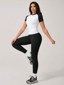 NcmRyu 1 pieza Camiseta deportiva de manga corta y ajustada de unicolor para , de verano - Blanco y Negro - Ver 7