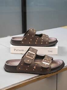 2026 Men's Brown Rivet Sandals, Fashion Double Buckle Punk Rivet Slippers, Plus Size Retro Open Toe Beach Sandals, Non-Slip Breathable Comfortable Versatile Flat Slides, Thick Sole Outdoor Flip Flops, Strap Beach Shoes - Brown - View 1