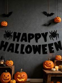 1/2pcs/Set Happy Halloween Party Decoration Paper Banners, Black Felt Spider Banners, Create Halloween Party Atmosphere, Indoor/Outdoor Halloween Decorations, Suitable For Halloween Theme Party Home Living Room Wall Decor - H-flag - View 8